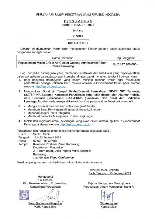 Tender Replacement Mesin Chiller Air Cooled Gedung Administrasi Perum Peruri Karawang